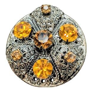 Vintage Citrine & Brown Czech Glass Silver Tone Filigree Brooch